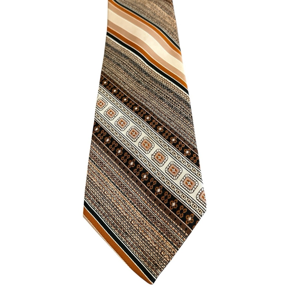 Vintage 1970s Geometric Necktie Wide Blade Brown Tan Mod Disco Era - Picture 5 of 5